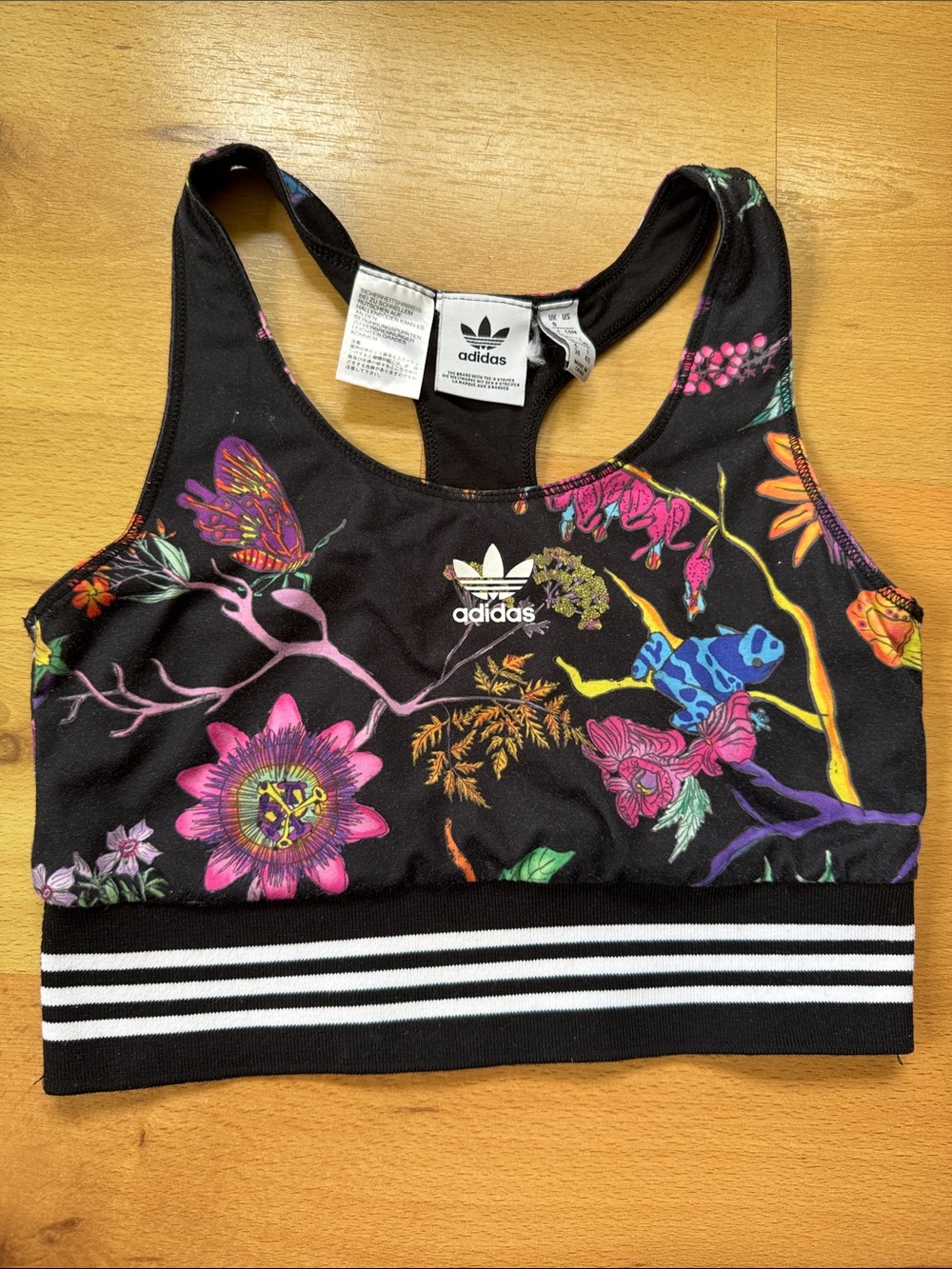 adidas Black Floral Racerback Sports Bra with Multicolor Print